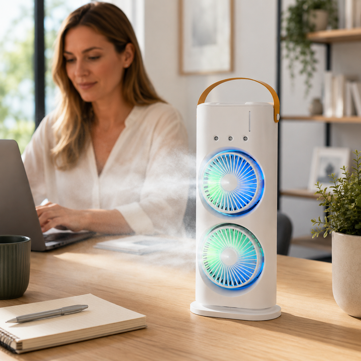 Three Hole Double Head Spray Fan USB Humidification Air Cooler Desktop LED
