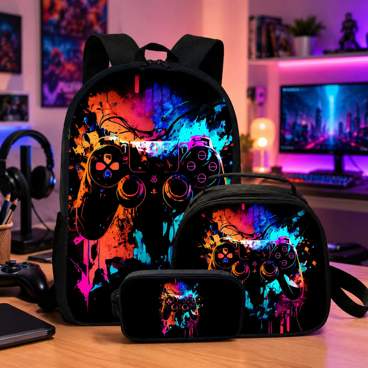 Game Pad 3D Print School Backpack 3Pcs Set Student Laptop Travel Crossbody