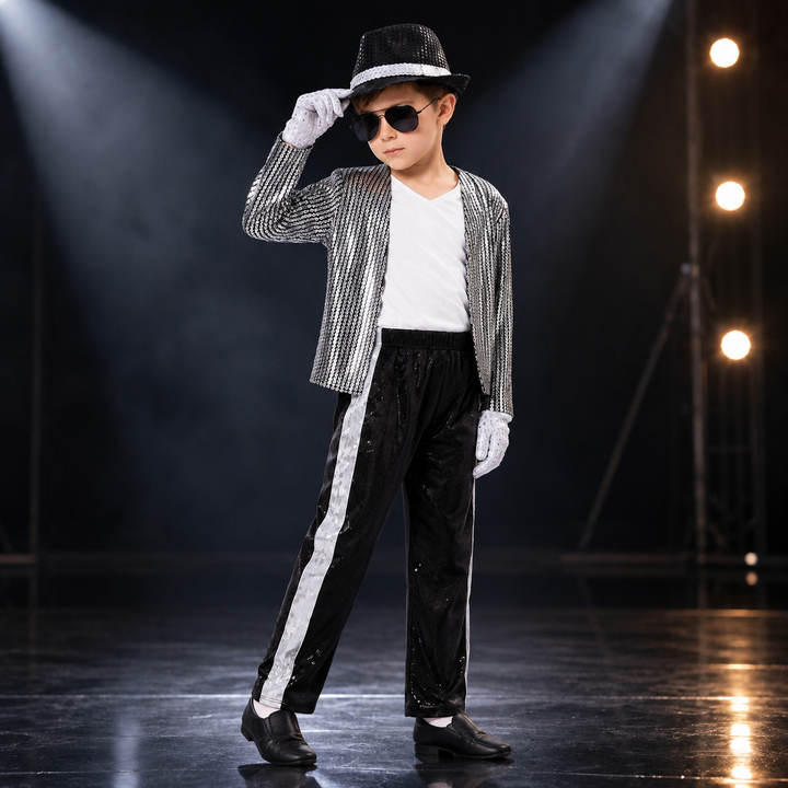 Kids Jackson Inspired Pop Star Costume Silver Sequin Outfit