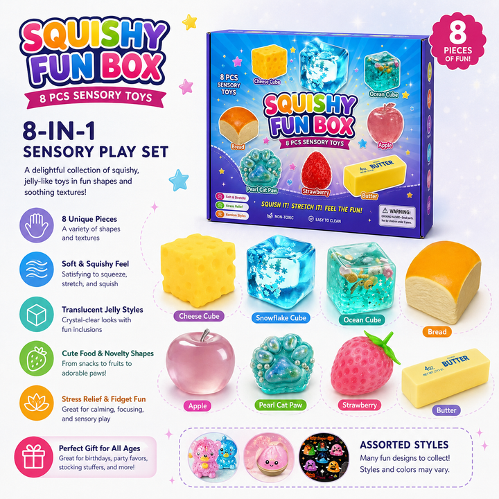 Squishy Fun Box 8-Piece Sensory Toy Set with Food and Animal Shapes