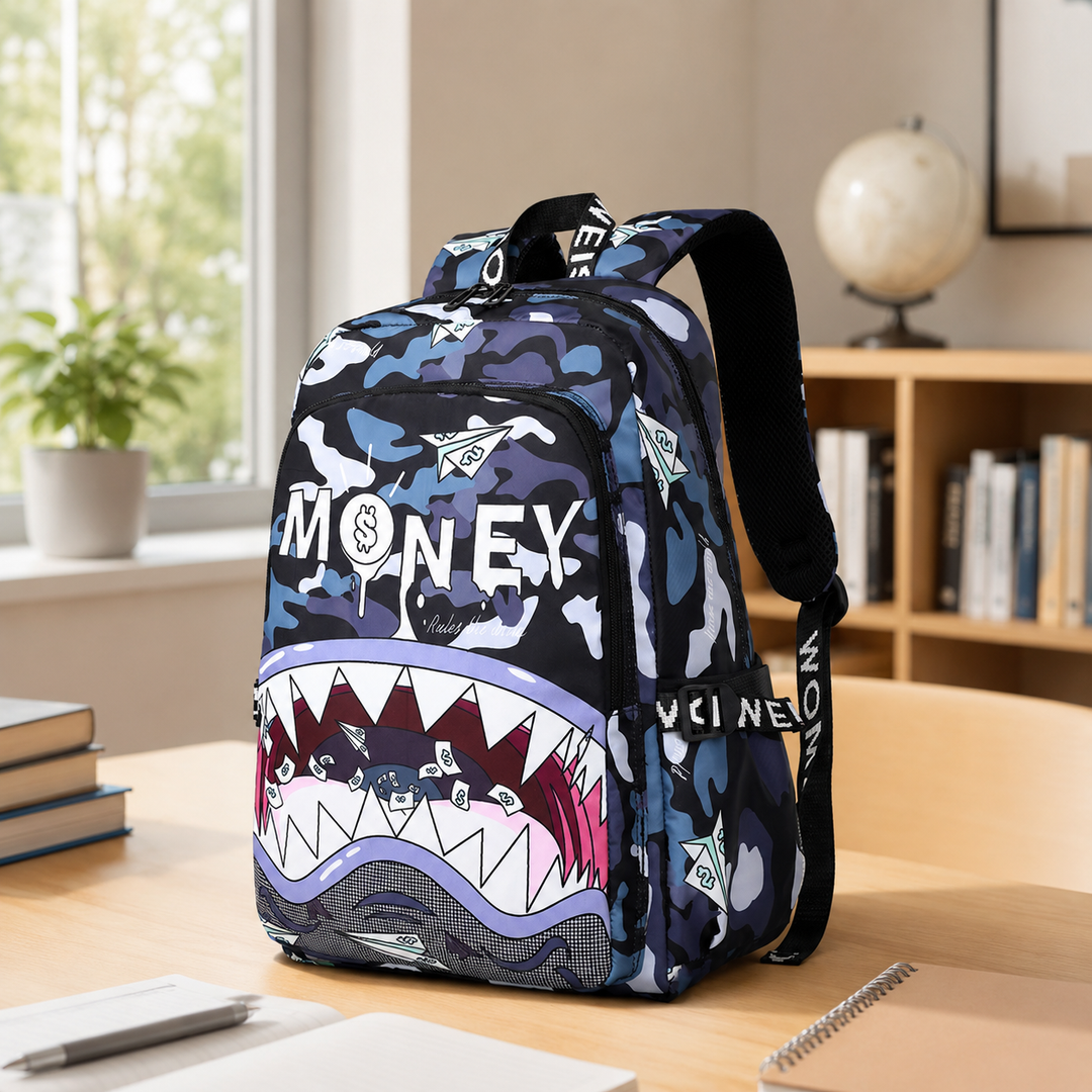 Money Shark Print School Backpack, Large Capacity Travel Bag