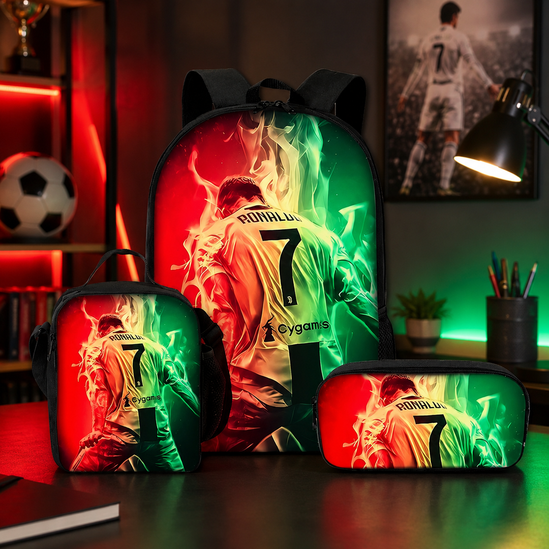 Football Player School Backpack 3Pcs Set Kids Boys Girls 3D Cartoon Gift