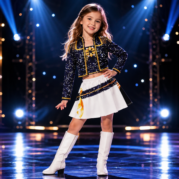 Girls Sequin Idol Costume Black and Gold Stage Performance Outfit