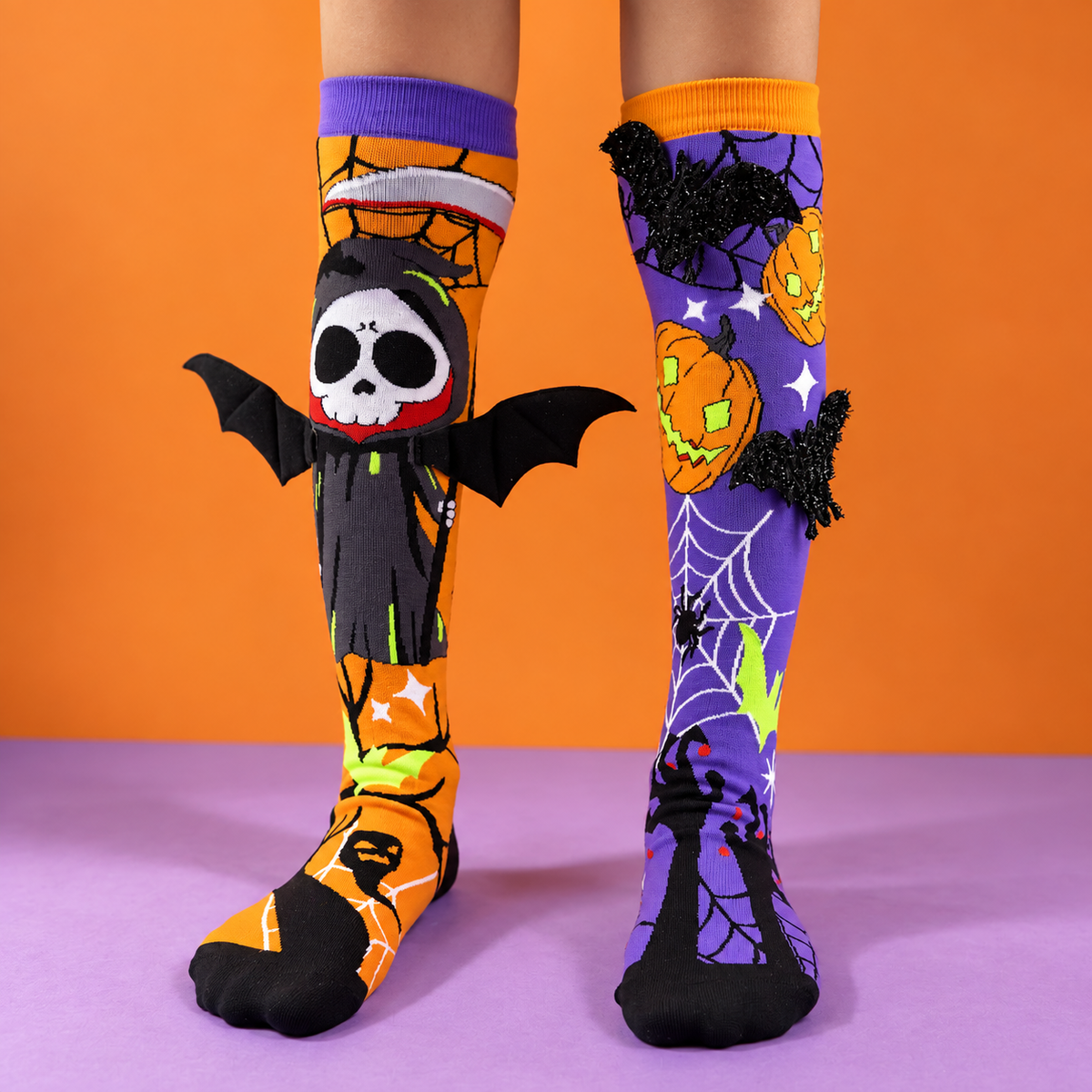 3D Bat and Pumpkin Halloween Socks Mismatched Pair Novelty Socks