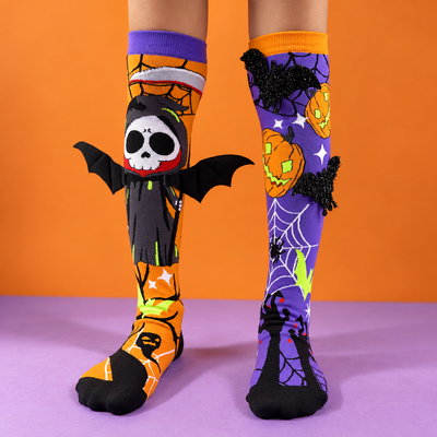 3D Bat and Pumpkin Halloween Socks Mismatched Pair Novelty Socks