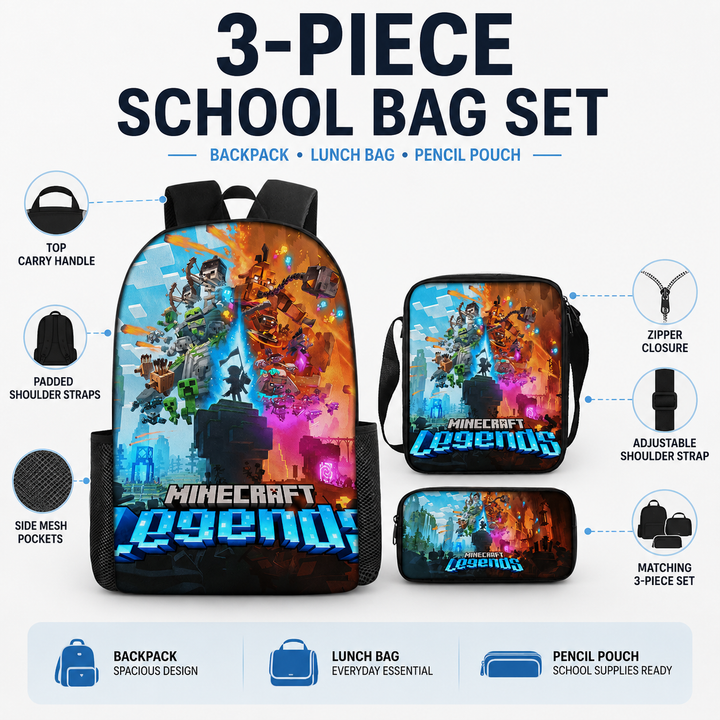 Minecraft Legends Boys 3-Piece School Backpack Set with Lunch Bag &amp; Pencil Case