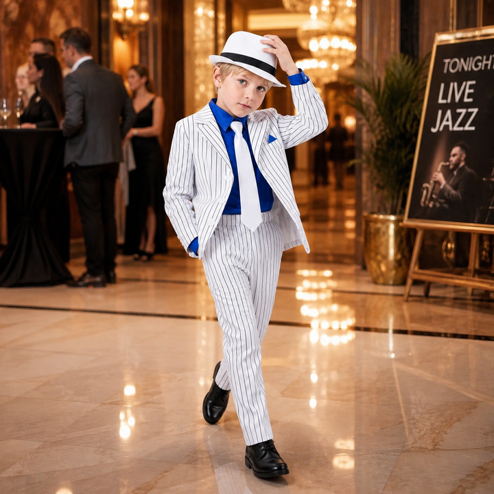 Boys Pinstripe Suit Costume Vintage Performance Outfit with Hat and Tie