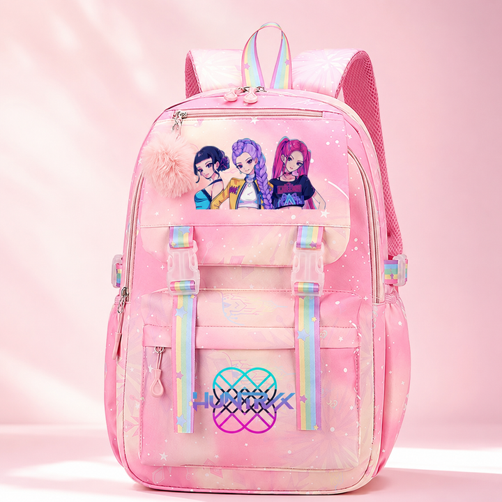 KPop Demon Hunters School Backpack for Girls with Rainbow Straps Large Capacity
