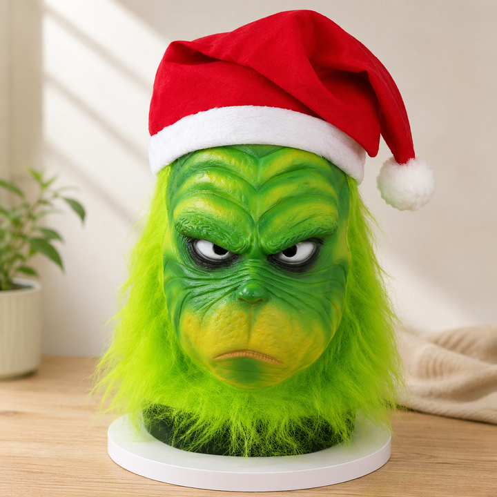 Grinch Latex Mask with Santa Hat for Christmas Costume