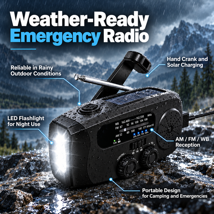 Mini Wind Up Radio NOAA AM FM USB C Solar 2000mAh Flashlight SOS