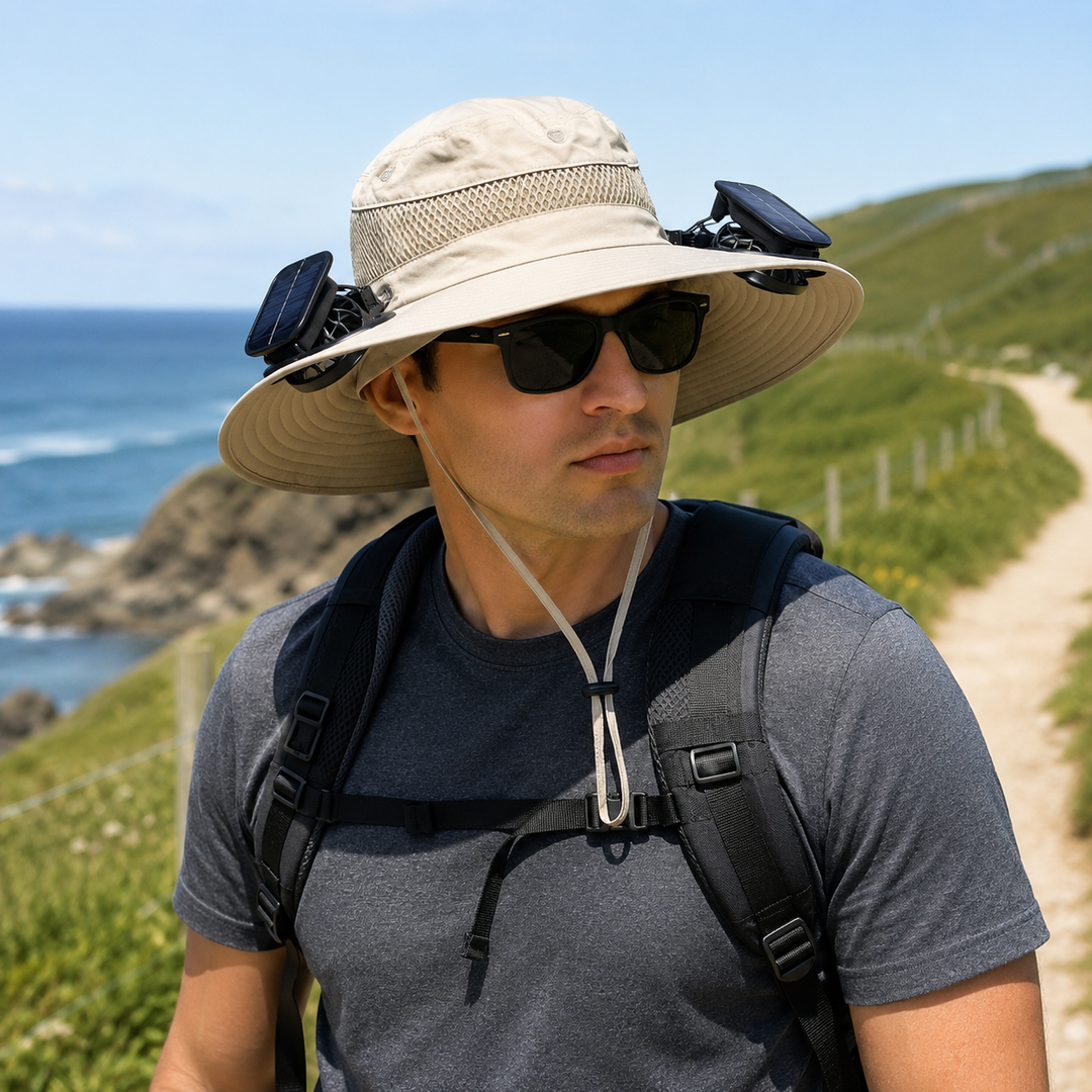 Solar Fan Sun Hat UPF50 Wide Brim USB Beach Fishing Camping