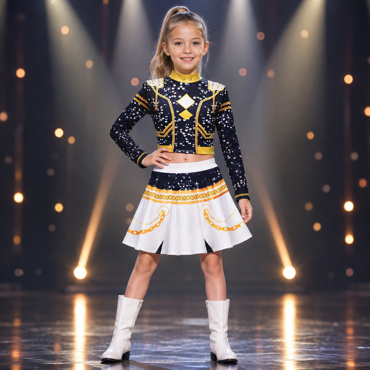 Girls Sequin Idol Costume Black and Gold Stage Performance Outfit