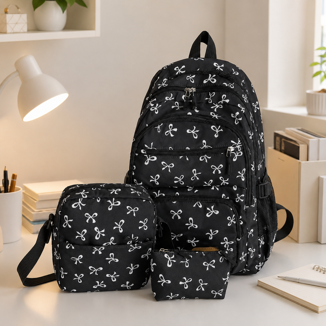 Girls 3-Piece Bow Print School Backpack Set with Crossbody Bag &amp; Pouch