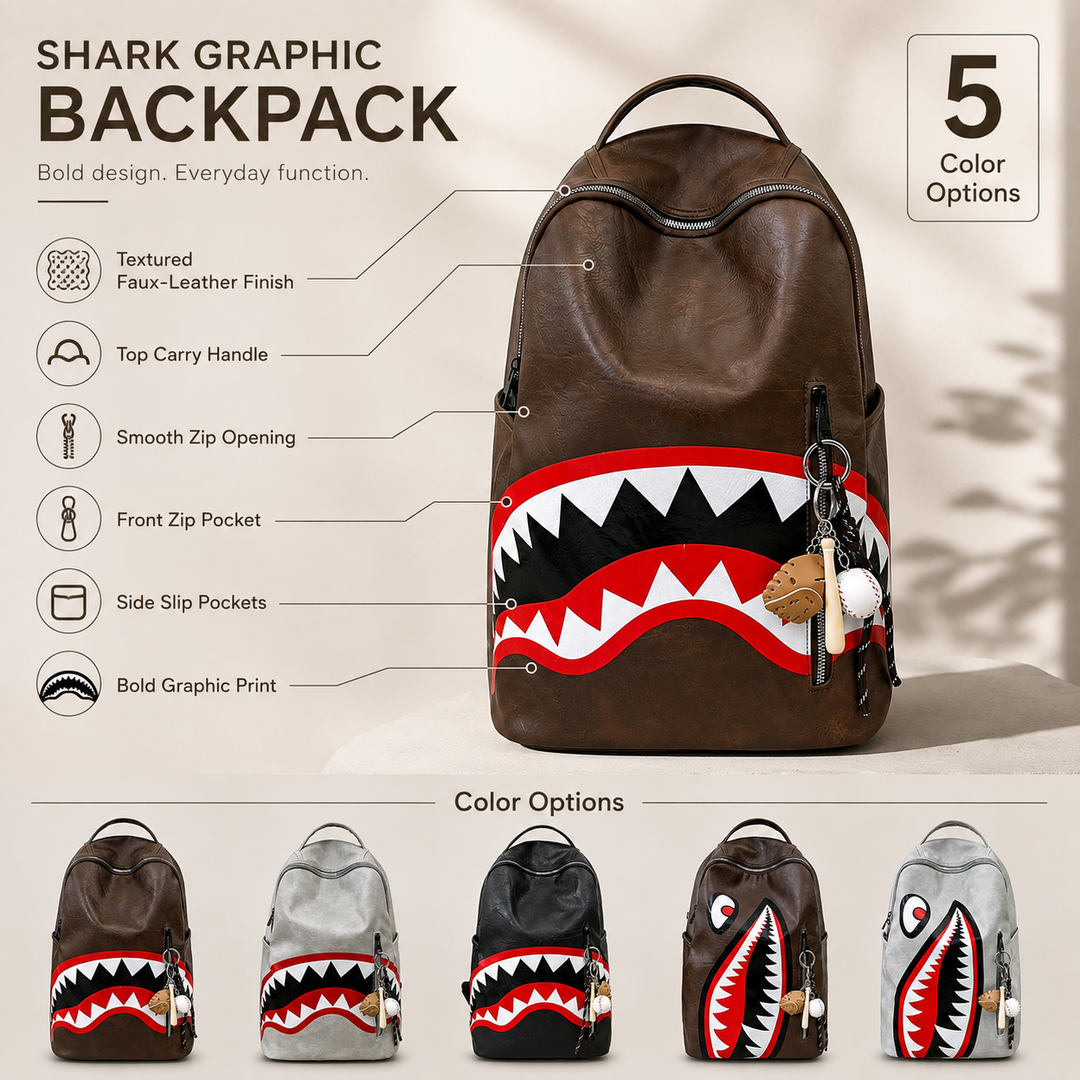 Shark Print Street Style School Backpack, Large Capacity Travel Bag