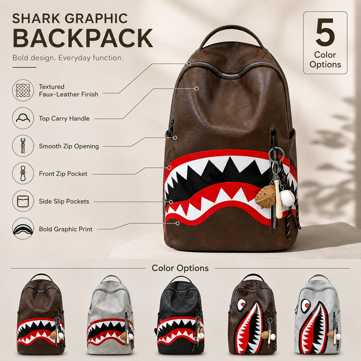 Shark Print Street Style School Backpack, Large Capacity Travel Bag
