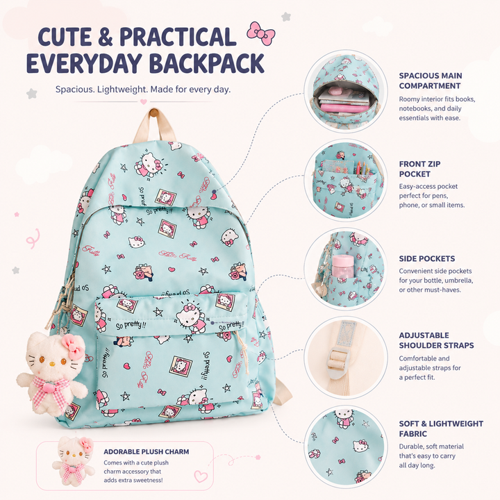 Girls Hello Kitty School Backpack, Large Capacity