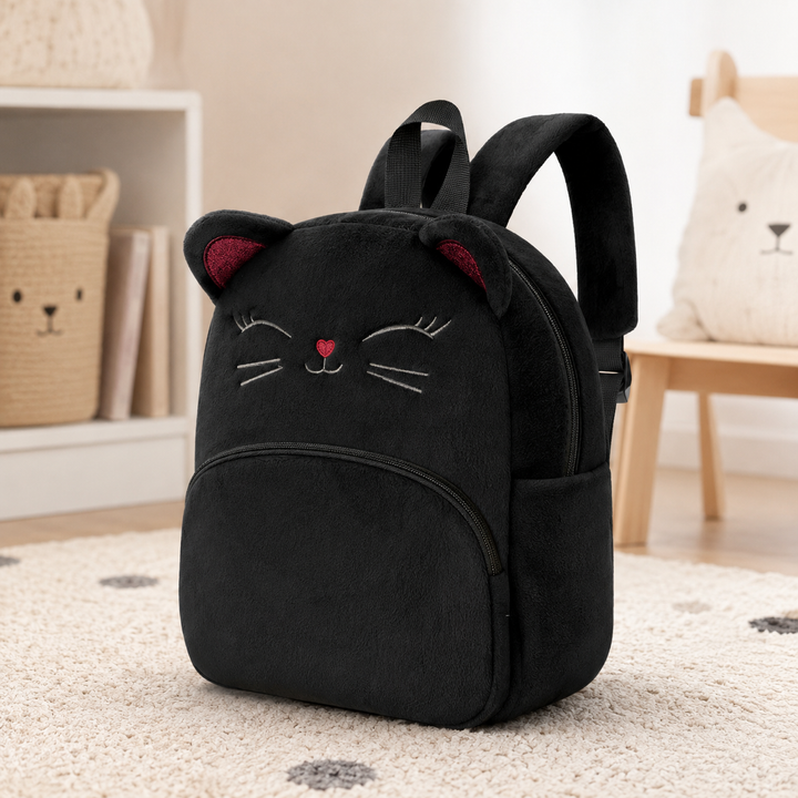 Girls Plush Cat Face School Backpack for Toddlers