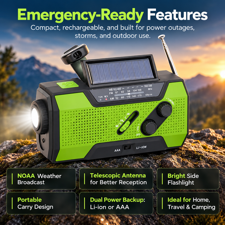 Wind Up Emergency Radio 5 Way Power AAA Solar NOAA 115dB Siren Lamp