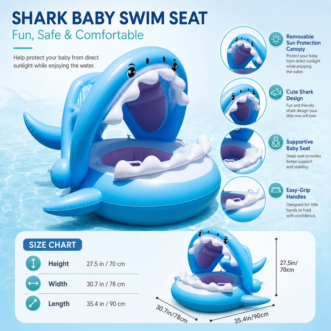 Canopy Shade Shark Float Seat Kids Summer Pool Water Toy Child-Safe