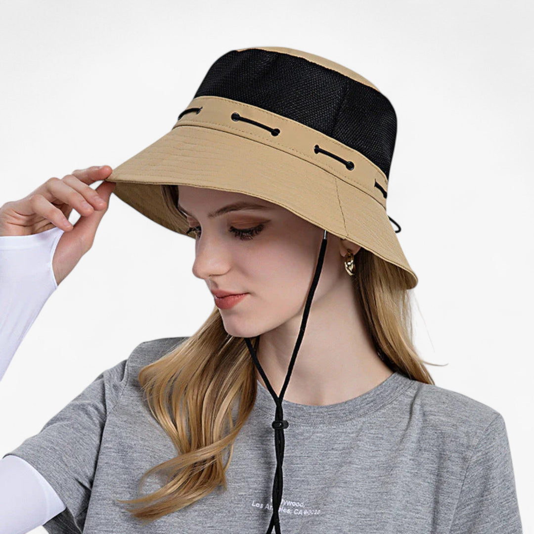 Womens Wide Brim Sun Hat with Mesh and Adjustable Chin Strap