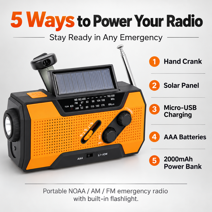 Wind Up Emergency Radio 5 Way Power AAA Solar NOAA 115dB Siren Lamp