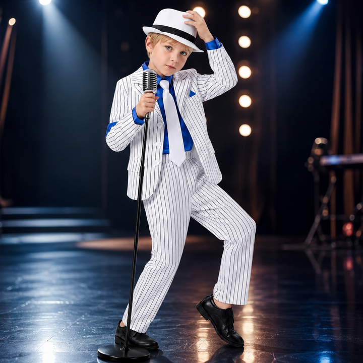 Boys Pinstripe Suit Costume Vintage Performance Outfit with Hat and Tie