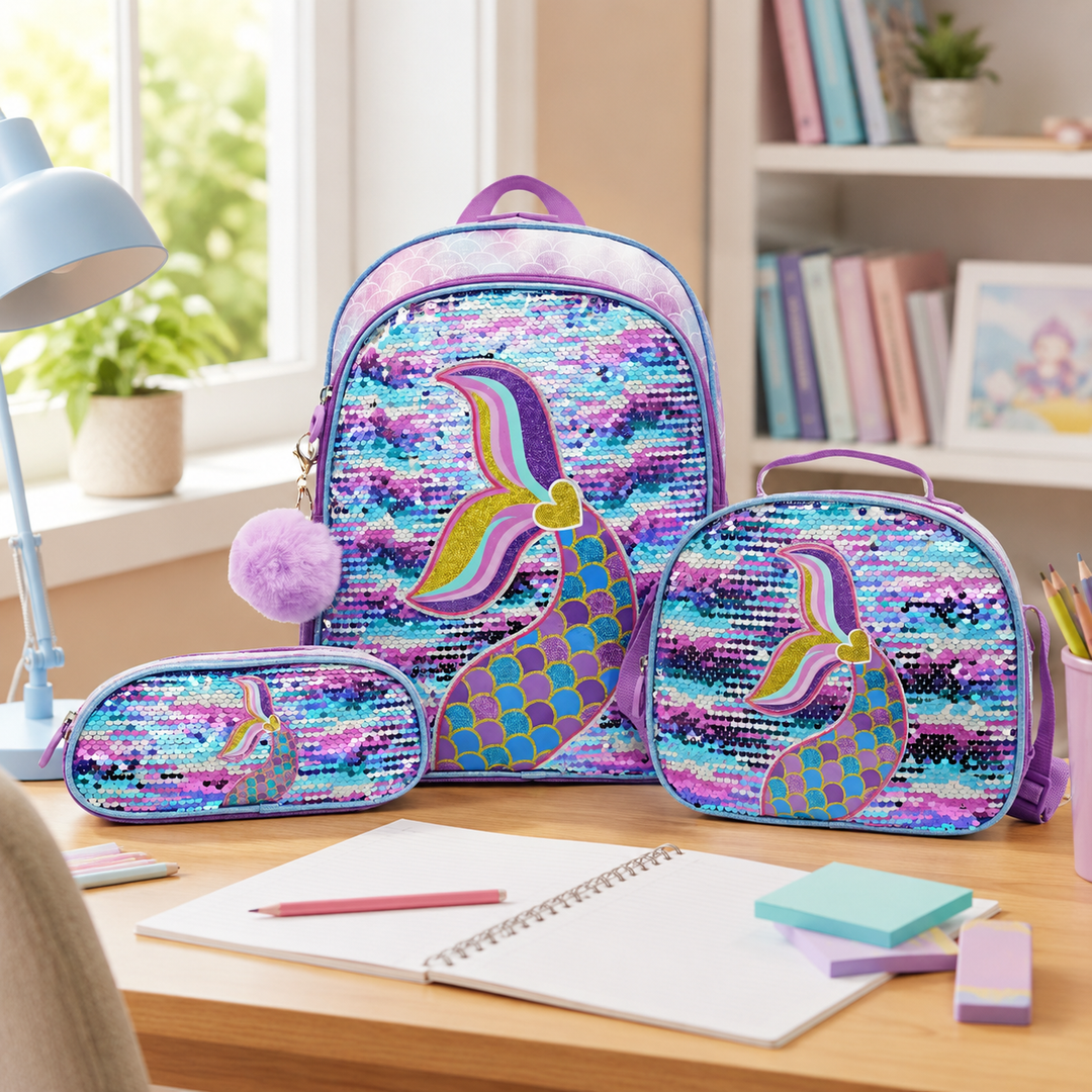 Unicorn Sequin 3-Piece School Backpack Set with Lunch Bag and Pencil Case for Girls