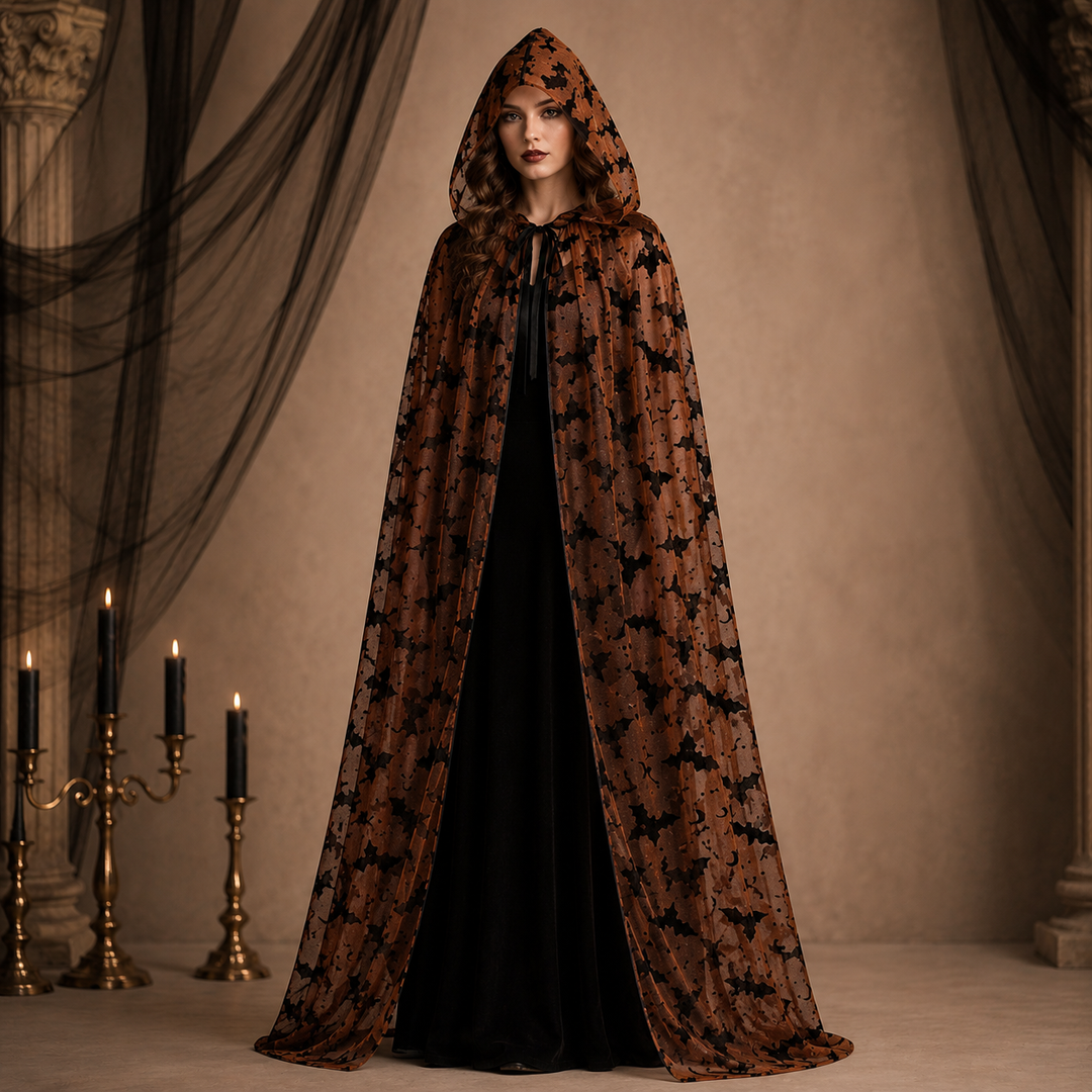 Bat Print Mesh Cape Halloween Costume Cloak
