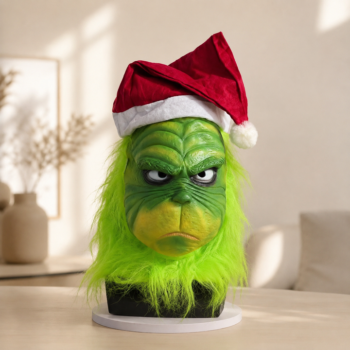 Grinch Latex Mask with Santa Hat for Christmas Costume
