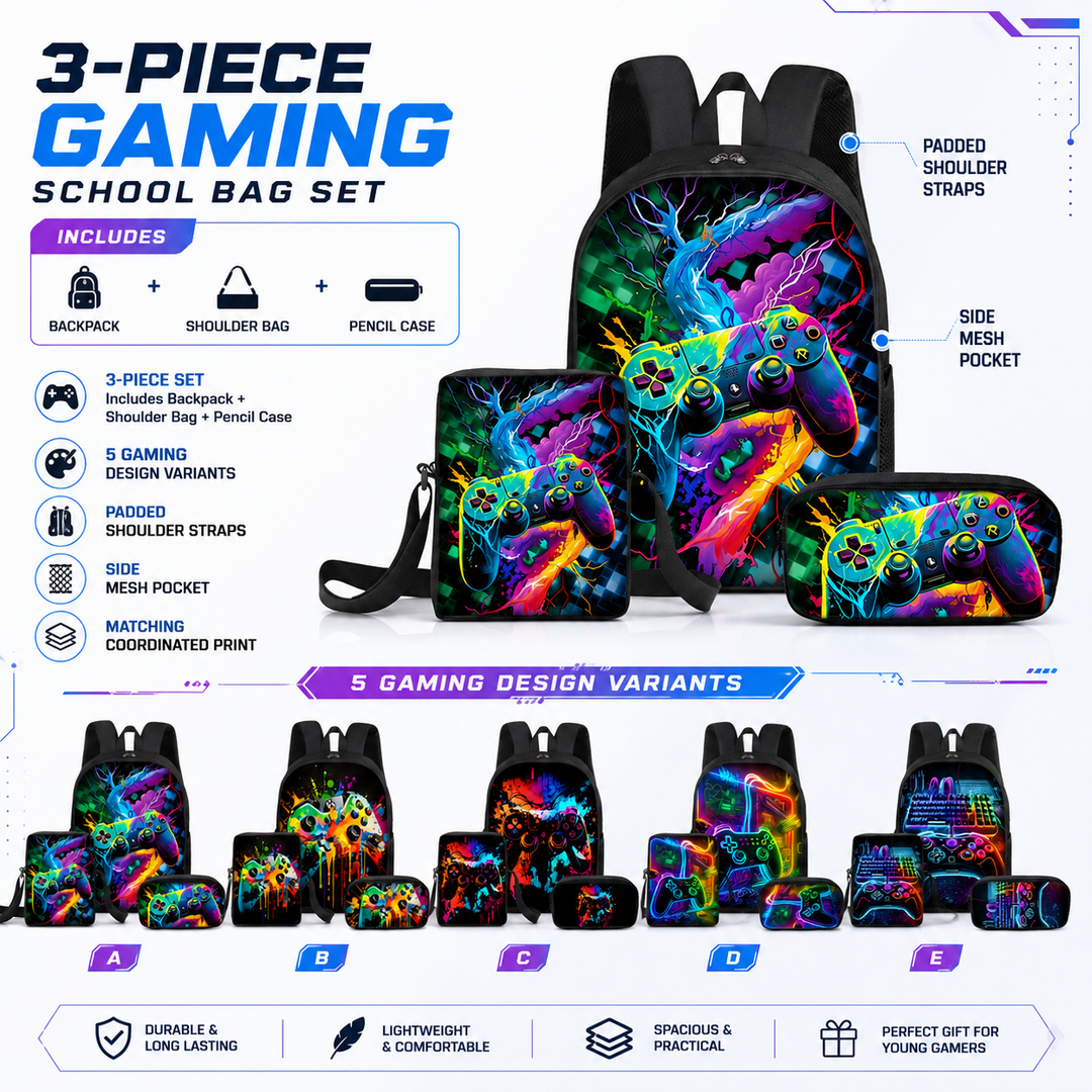 Gaming Controller 3-Piece School Backpack Set for Kids