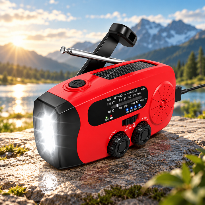 Mini Wind Up Radio NOAA AM FM USB C Solar 2000mAh Flashlight SOS