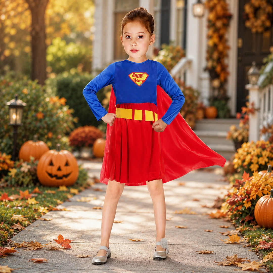 Superhero Costume Dress with Cape for Girls Halloween Costume
