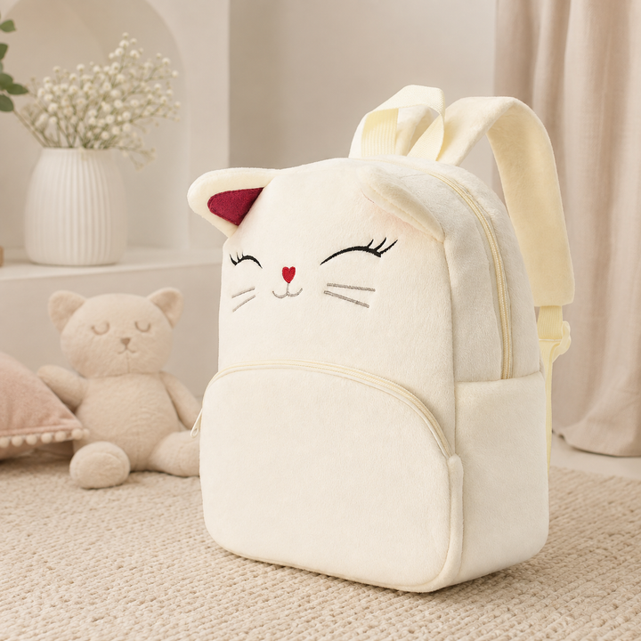 Girls Plush Cat Face School Backpack for Toddlers