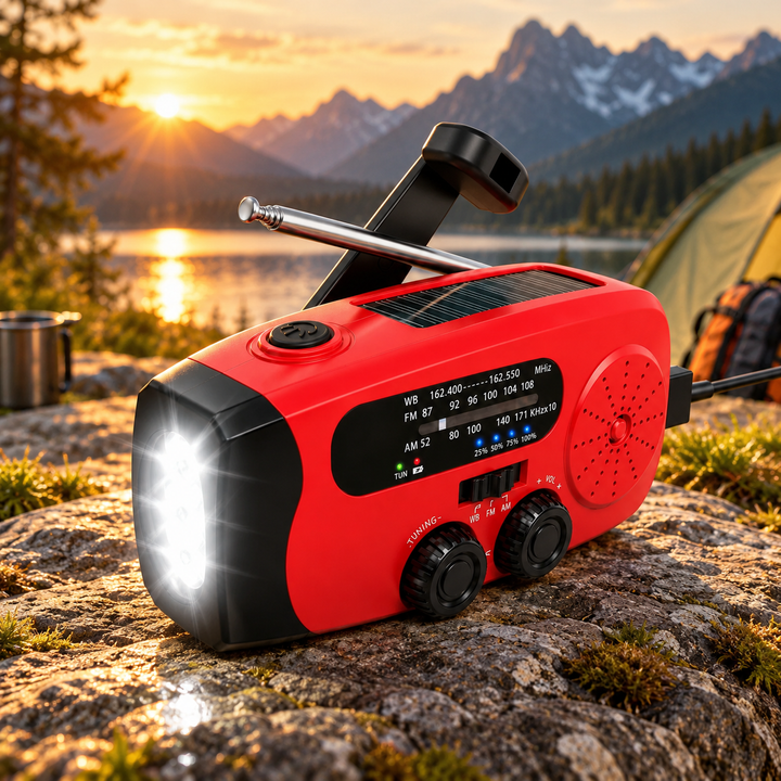 Mini Wind Up Radio NOAA AM FM USB C Solar 2000mAh Flashlight SOS