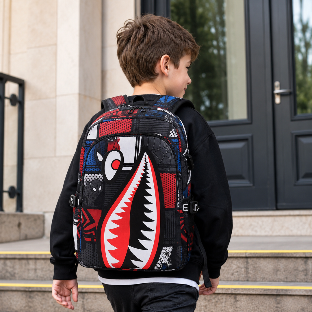 Kids School Backpack USB Interface Shark Print Large Capacity Lightweight