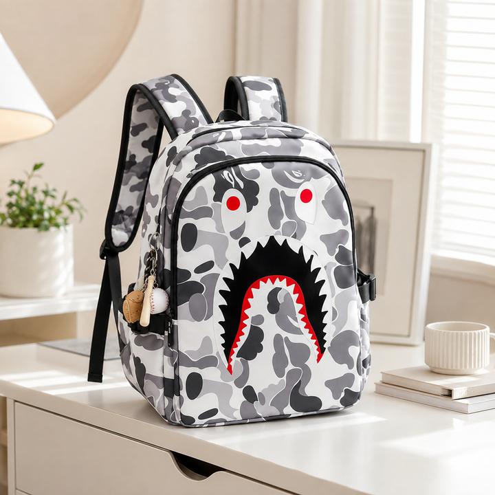 Shark Camouflage School Backpack, Large Capacity Travel Bag