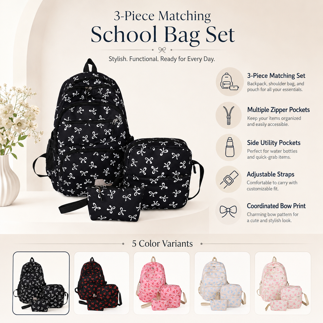 Girls Large Capacity 3-Piece School Backpack Set with Crossbody Bag &amp; Pouch
