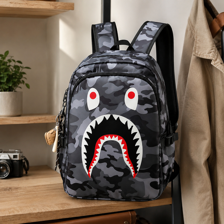 Shark Camouflage School Backpack, Large Capacity Travel Bag