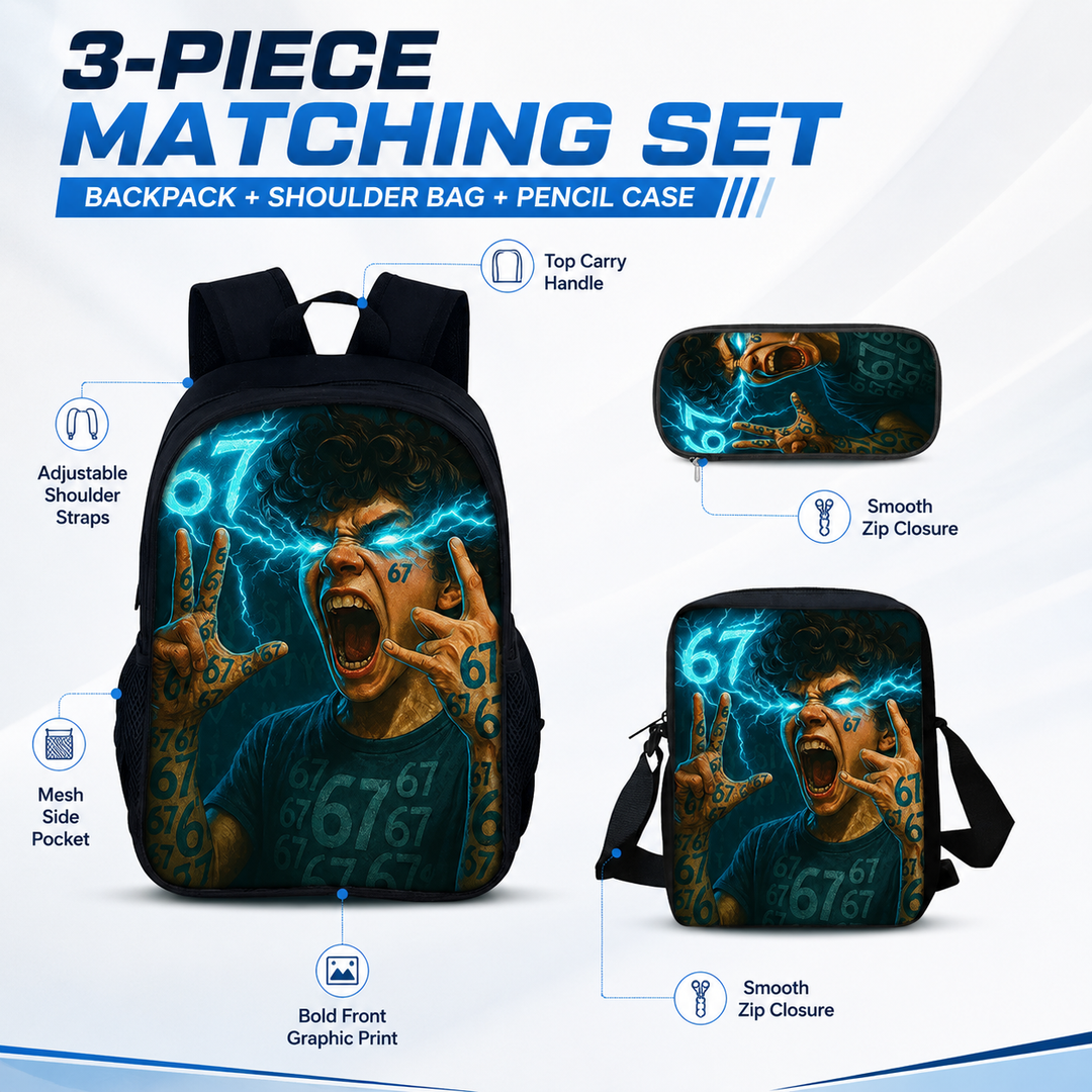 Six Seven 67 Kids 3-Piece School Backpack Set with Shoulder Bag &amp; Pencil Case