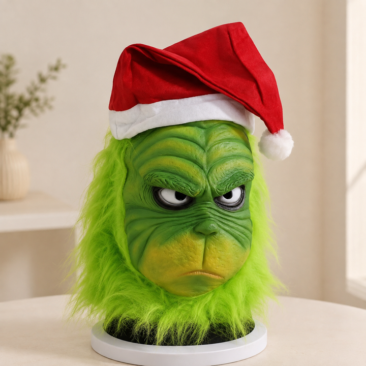 Grinch Latex Mask with Santa Hat for Christmas Costume