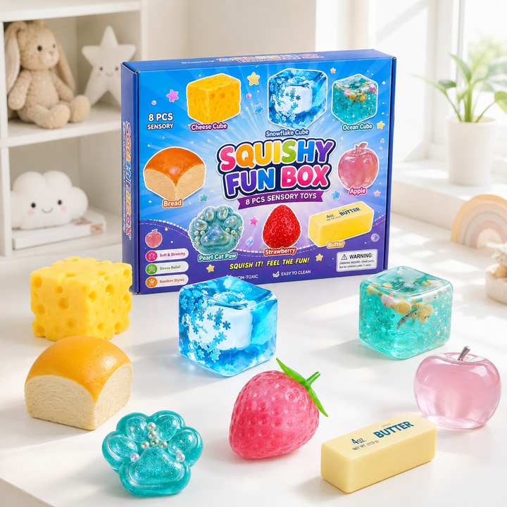 Squishy Fun Box 8-Piece Sensory Toy Set with Food and Animal Shapes