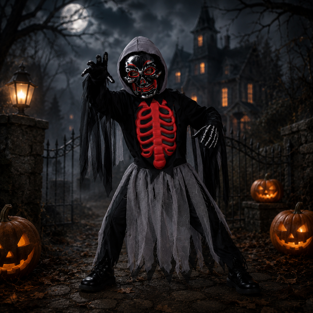 Kids Grim Reaper Skull Cape Costume Halloween Horror Haunted House Performance Cosplay