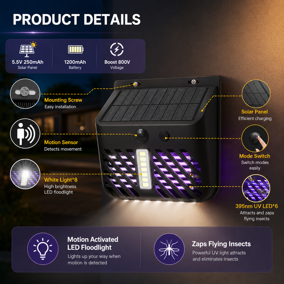 Solar Powered LED Bug Zapper Mosquito and Fly Trap Outdoor