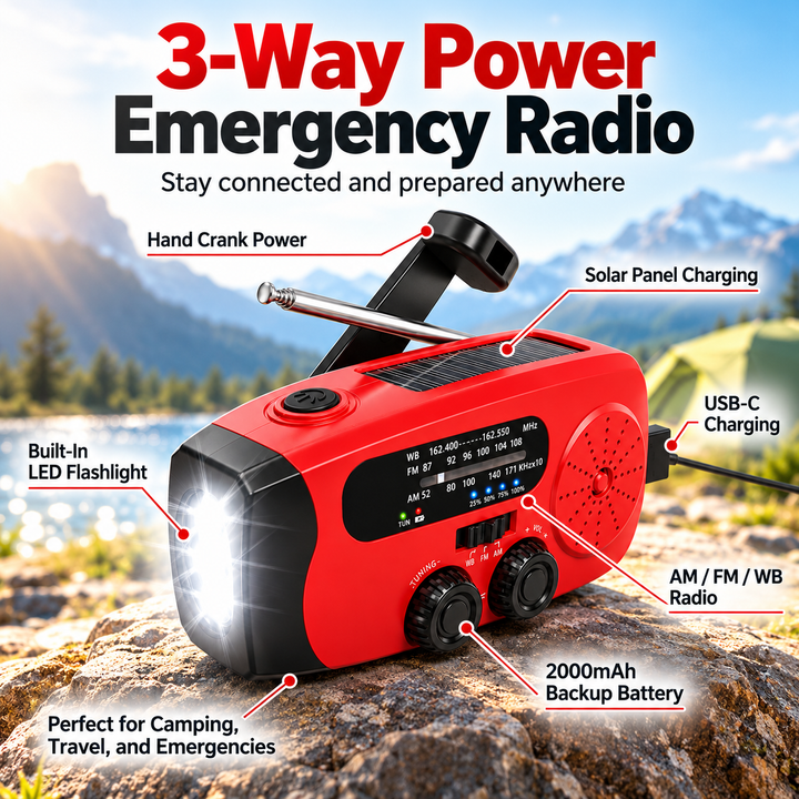 Mini Wind Up Radio NOAA AM FM USB C Solar 2000mAh Flashlight SOS