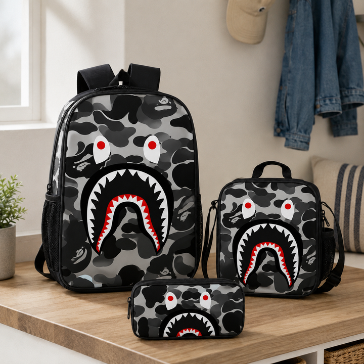 Boys Shark Camo 3-Piece School Backpack Set with Lunch Bag &amp; Pencil Case