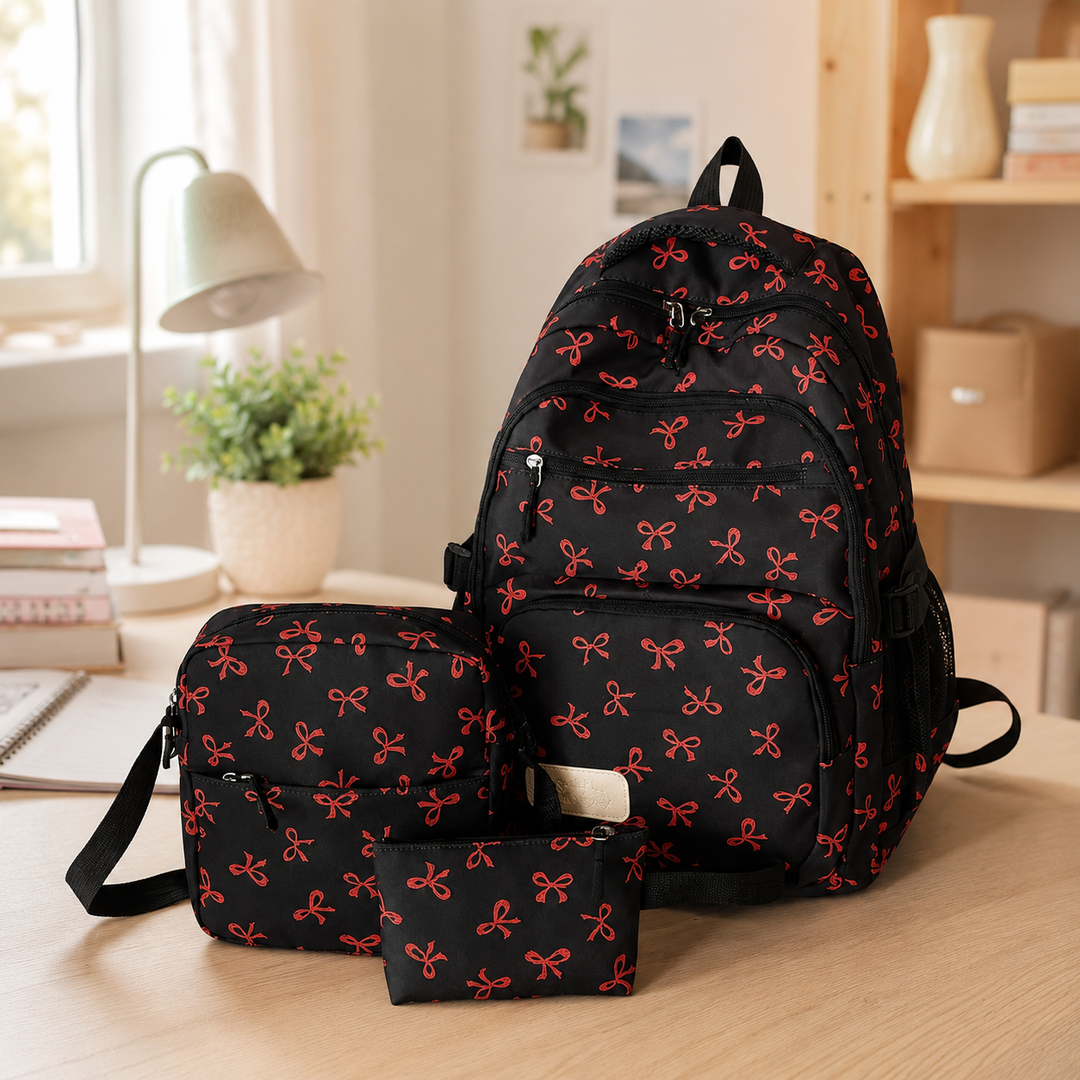 Girls 3-Piece Bow Print School Backpack Set with Crossbody Bag &amp; Pouch