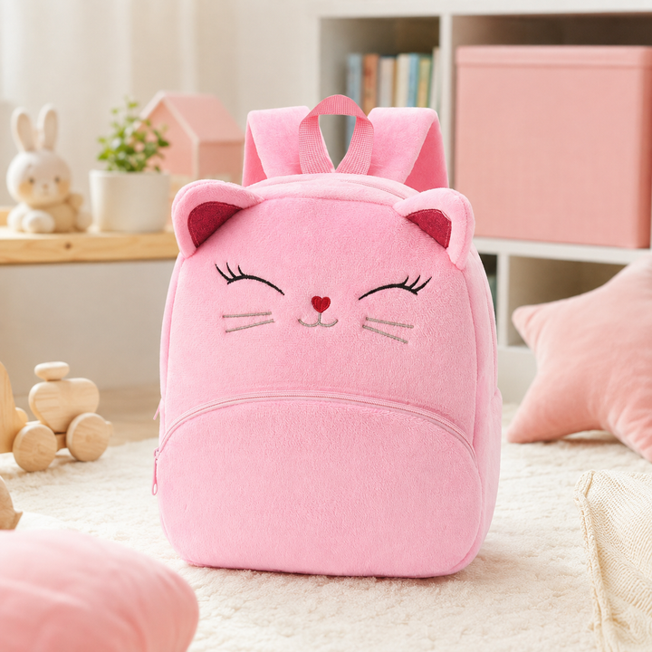 Girls Plush Cat Face School Backpack for Toddlers
