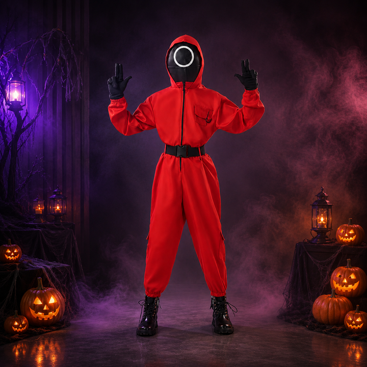 Group Halloween Costume Red Jumpsuit with Mask, Kids Cosplay Roleplay Outfit Set