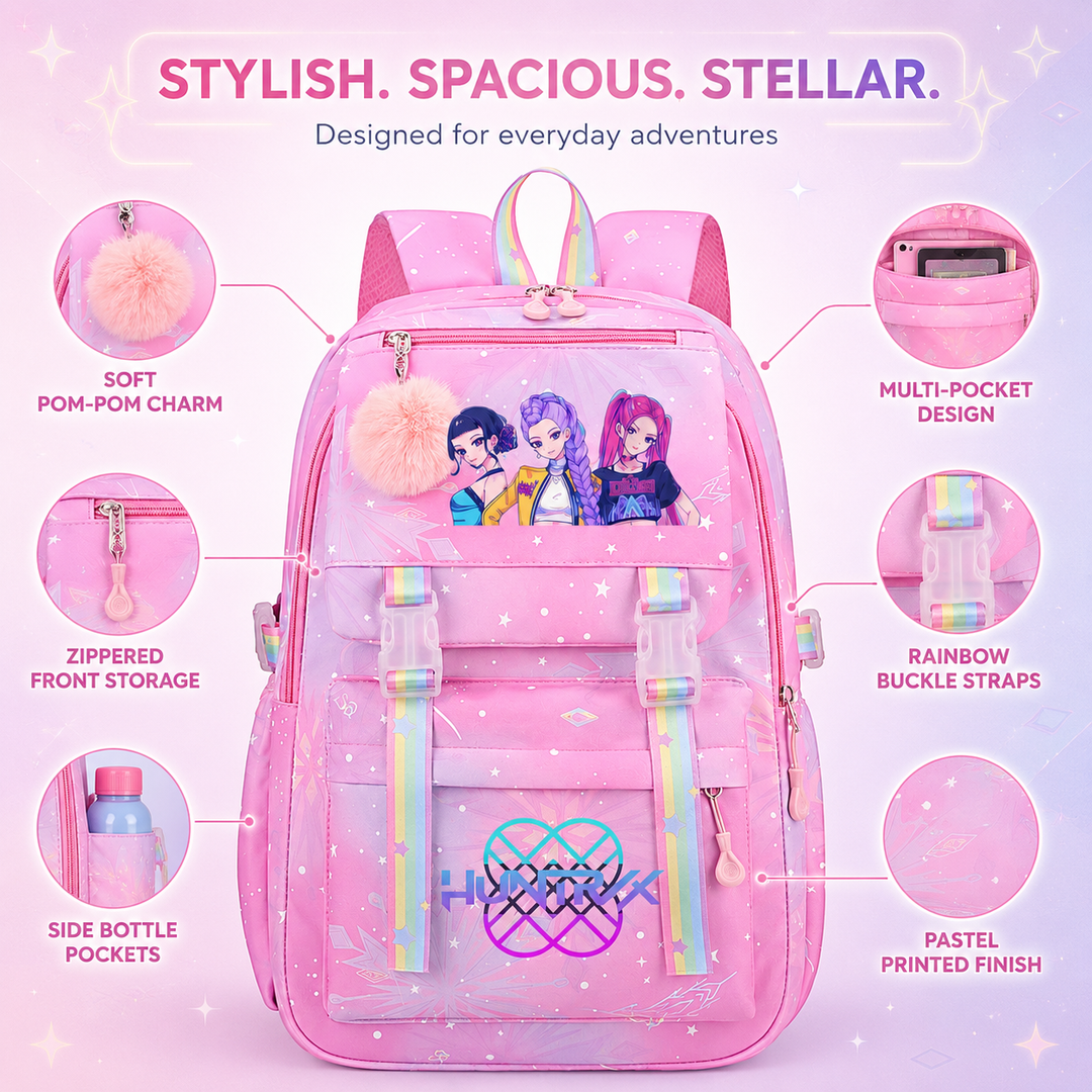 KPop Demon Hunters School Backpack for Girls with Rainbow Straps Large Capacity