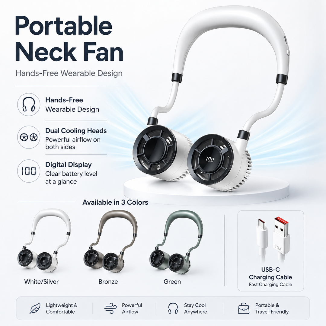 5000mAh Neck Fan Rechargeable Wearable Cooling Digital Display Travel